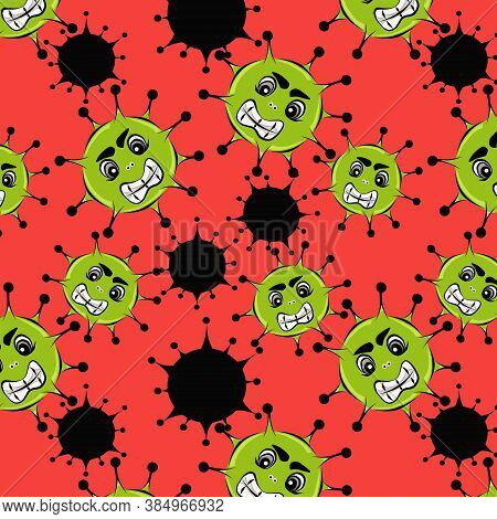 Color Seamless Pattern Of Black And Light Green Flowers On A Red Background.