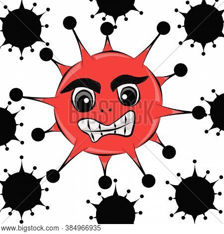 Color Illustration Of Black And Red Viruses On A White Background.