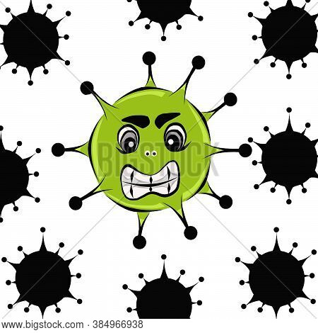 Color Illustration Of Black And Light Green Viruses On A White Background.