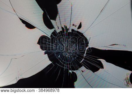 Broken Lcd Tft Tn Screen Flat Macro Texture With Crystal Leakage And Physical Damage Cracks, Closeup