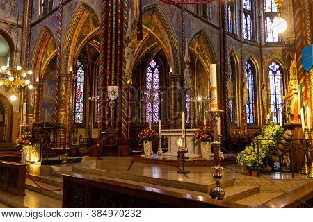 Kevelaer, Germany - Sept 5, 2020: Very Colorful Altar Of The Basilica Church, With Candles And Gold 