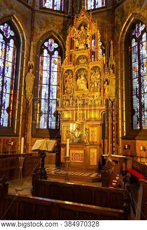 Kevelaer, Germany - Sept 5, 2020: Beautiful Golden Altar With Bible In Front In The Basilica In Keve