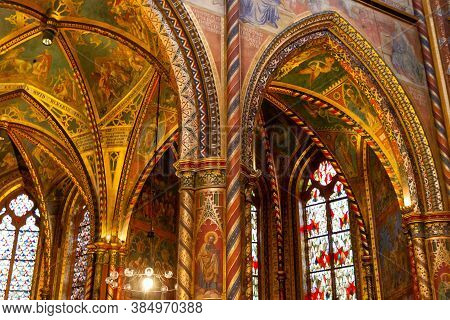 Kevelaer, Germany - Sept 5, 2020: Gold Colored Frescos On The Ceiling Of The Basilica Church In Keve