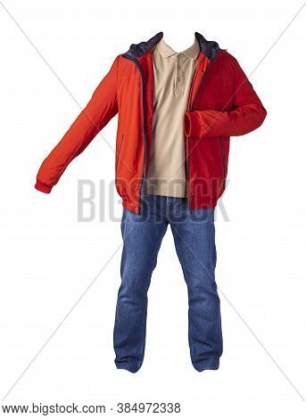 Red Jacket, Beige Shirt And Blue Jeans Isolated On White Background. Casual Fashion Clothes