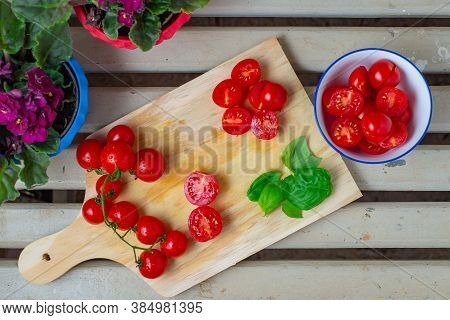Tomatoes Basil Food Preparation Fresh Ingredients Chopping Board