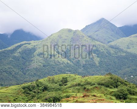 Beautiful Hills In The Western Ghats Against Banasura Sagar Dam Wayanad, Kerala, Extreme Long Shot