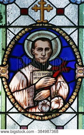 DONJA ZELINA, CROATIA - JUNE 26, 2013: Blessed Aloysius Stepinac, stained glass window at Saint Nicholas Parish Church in Donja Zelina, Croatia
