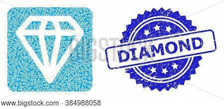 Diamond Unclean Stamp Seal And Vector Recursive Mosaic Diamond. Blue Stamp Contains Diamond Text Ins