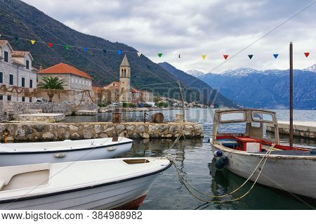 Winter Mediterranean Landscape With Seaside Village And Fishing Boats In Small Harbor. Montenegro, V
