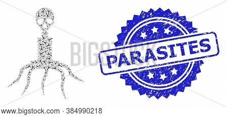 Parasites Grunge Stamp And Vector Recursive Collage Death Virus. Blue Stamp Seal Includes Parasites 