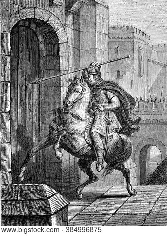 Emperor Otho came to shoot his spear in the city gate, Vintage engraving. From Popular France, 1869.