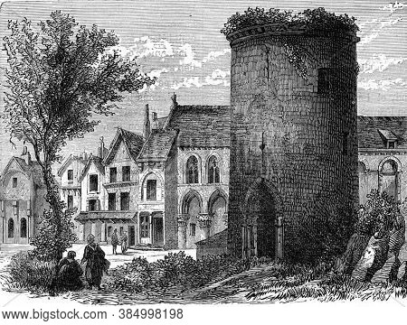 The tower of Louis IV of France in Laon (destroyed in 1831), Vintage engraving. From Popular France, 1869.