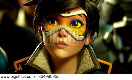 3d Illustration Wallpaper Of An Adorable Cute Black Haired Anime Girl Wearing Goggles.