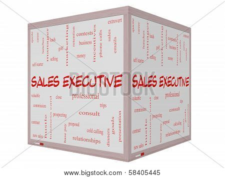 Sales Executive Word Cloud Concept On A 3D Cube Whiteboard