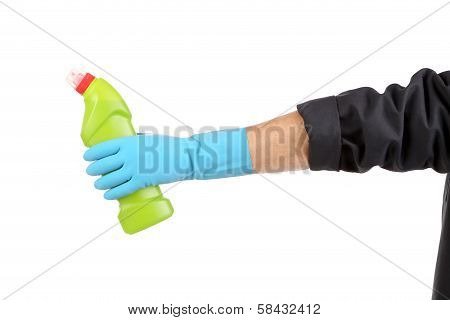 Hand in glove holds botlle.