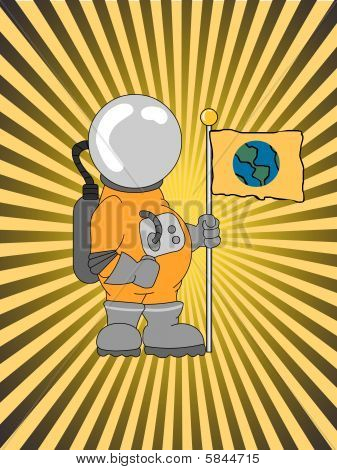 Astronaut halten einen Flag Strahl Strahlen glühend hintergrund