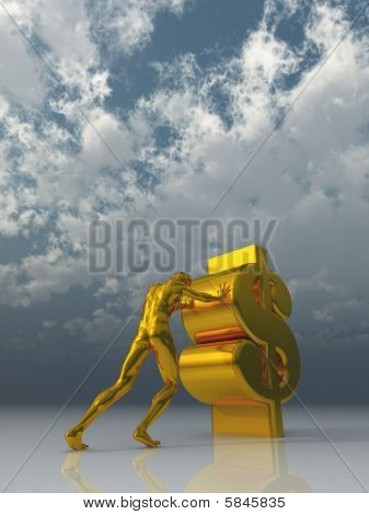 Hombre empuja el signo de dólar