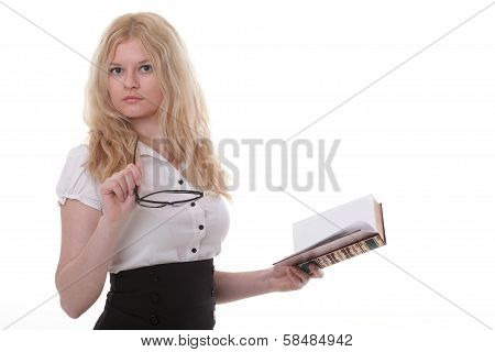 Beautiful Young Woman With Books White Background