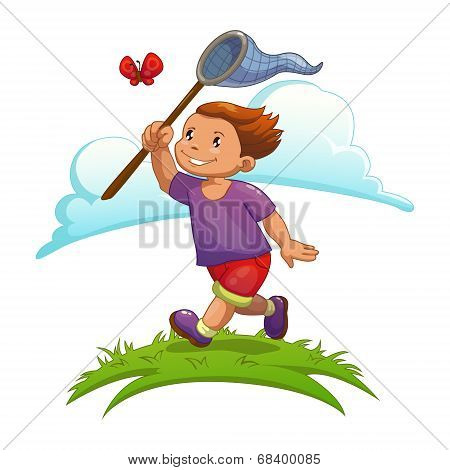 Cartoon boy is catching butterfly