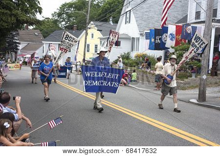 The Wellfleet Democrats walking in the Wellfleet 4th of July Parade in Wellfleet, Massachusetts