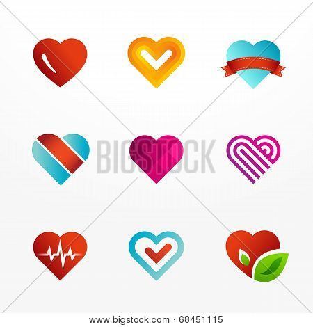 Heart symbol logo and icons set. Collection of colorful signs.