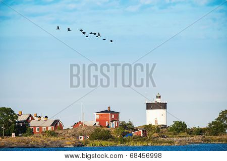 Lighthouse In Sweden With A Group Of Coromants Flying By
