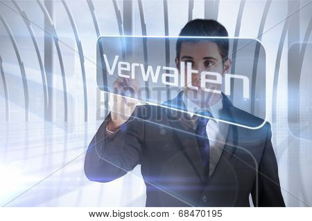 Businessman presenting the word manage in german against white room with large window overlooking city