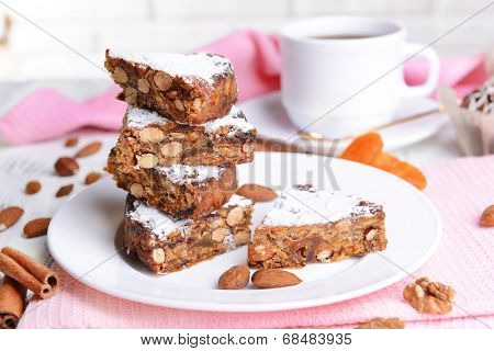 Delicious cake panforte on table close-up