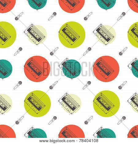 Music flat line retro seamless pattern with boombox, mic, cassete. Vector illustration for your artw