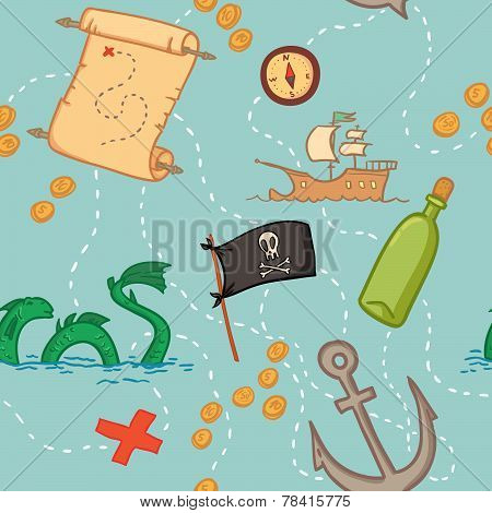 Hand Drawn Seamless Pattern - Treasure Map.
