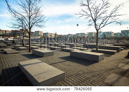 BERLIN, GERMANY - NOV 17, 2014: Memorial to the Murdered Jews of Europe, designed by architect Peter Eisenman and engineer Buro Happold, site 19,000 m2 covered with 2,711 concrete slabs. 