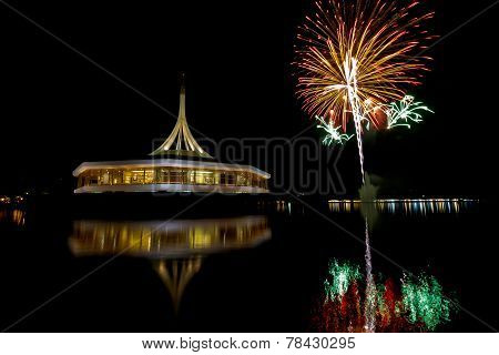 Fireworks On The Black Sky Background With Reflection On Water At Suanluang Rama Ix  Thailand