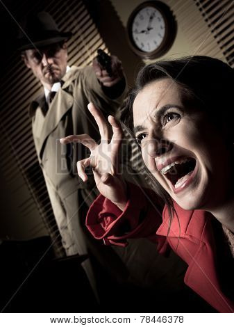 Detective Pointing A Gun To A Terrified Woman