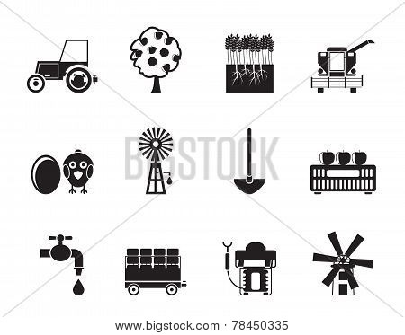 Silhouette farming industry and farming tools icons