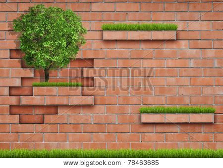 Grown tree with brick wall on green fresh grass.