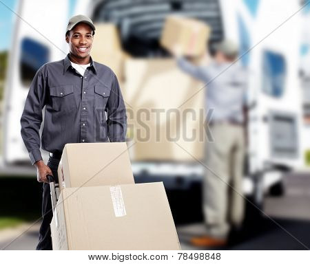 African-American postman. Delivery and shipping background
