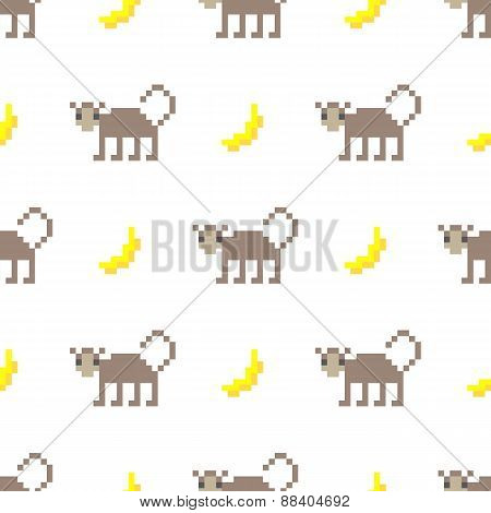 Cute pixel art monkey and banana seamless pattern