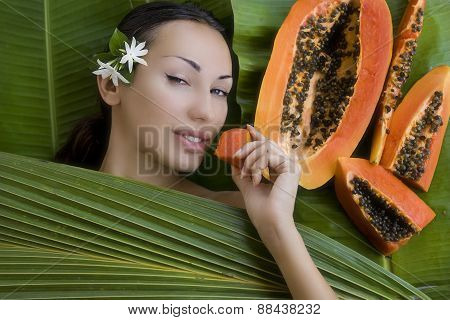 Beautiful Woman Having Fresh Papaya Facial Mask Apply. Fresh Papaya