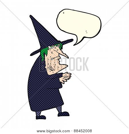 cartoon ugly old witch with speech bubble