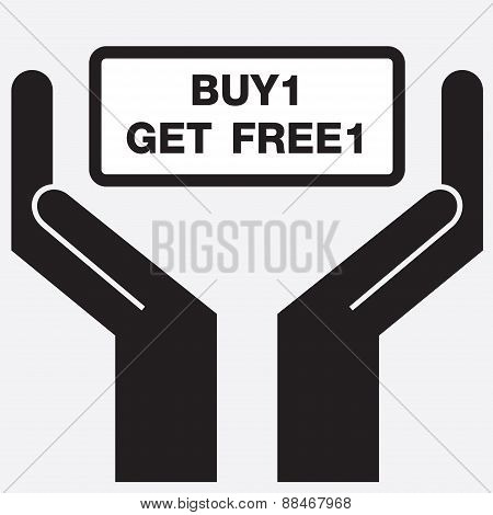 Hand showing buy1 get free1 sign icon.