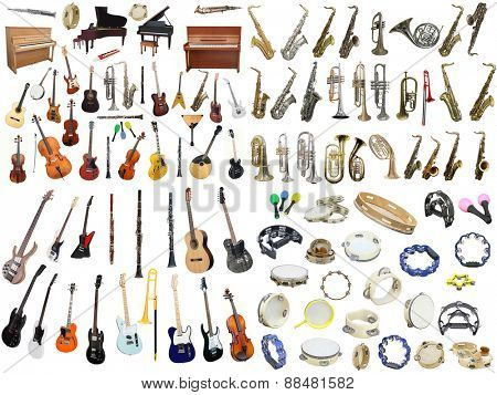 Different music instruments under the white background