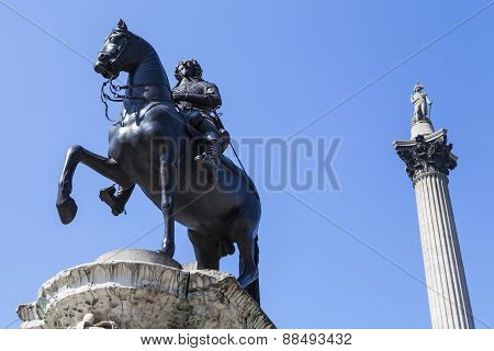 King Charles 1St Statue And Nelsons Column In Trafalgar Square