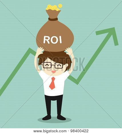 Business concept, Businessman feeling happy about his return of investment, gain money from investme