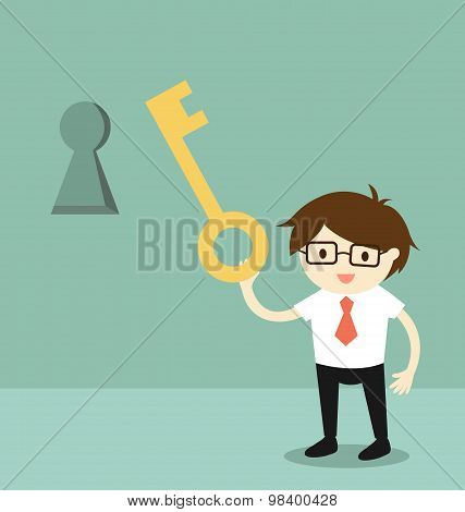 Business concept, Businessman holding a key to unlock keyhole on the wall. Vector illustration.