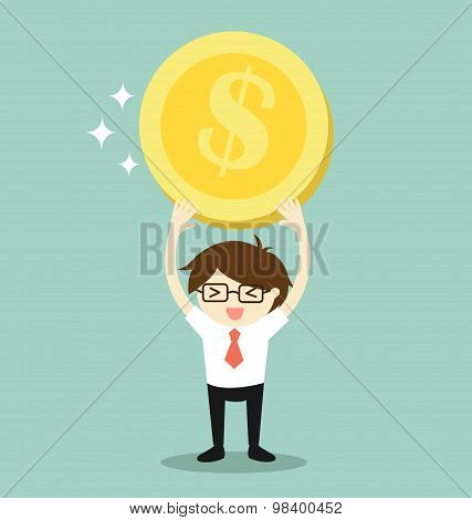 Business concept, Businessman feeling happy while holding dollar coin. Vector illustration.