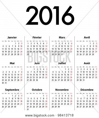 French Calendar Grid For 2016. Mondays First