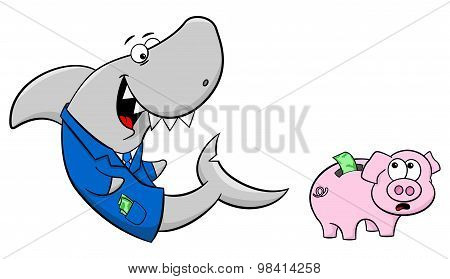 Smiling Financial Shark And Frightened Piggy Bank