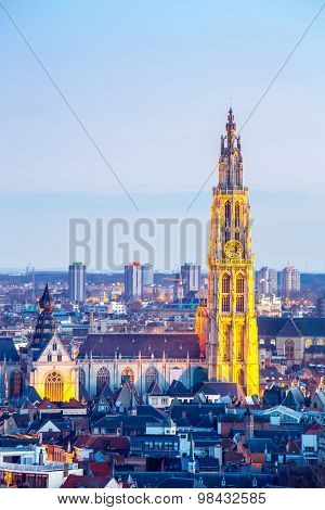Antwerp cityscape with cathedral of Our Lady, Antwerpen Belgium at dusk
