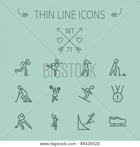 Sports thin line icon set for web and mobile. Set includes- medal, ballet, skating, running, golf icons. Modern minimalistic vector flat design.