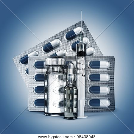 Concept of madicine. Pills, vial, ampoule and syringe on blue background. 3d